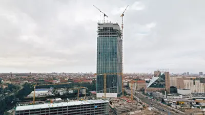 Drone shot of the Estrel Tower in Berlin.